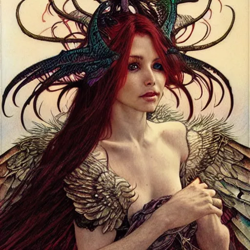 Image similar to head and shoulders portrait of a winged harpy, d & d, fantasy, luis royo, magali villeneuve, donato giancola, wlop, krenz cushart, hans zatka, klimt, alphonse mucha