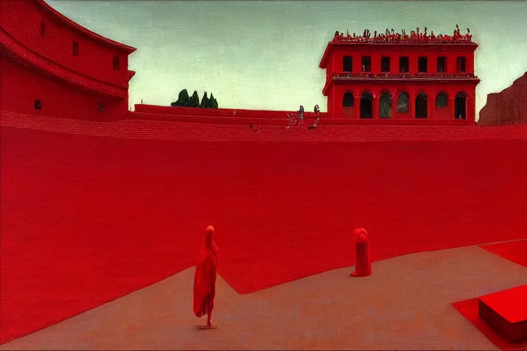 Image similar to only with red, a red great emperor, taormina amphitheatre, crowd with big smile, in the style of beksinski, parts by edward hopper, parts by rodcenko, parts by yue minjun, intricate and epic composition, red by caravaggio, insanely quality, highly detailed, masterpiece, red light, artstation, 4 k