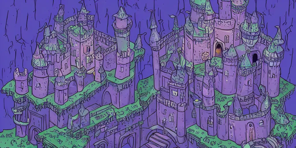 Prompt: a subterranean magic castle surrounded by a moat, underground catacombs castle, digital illustration, a house of many doors art flat colors, blue and purple color scheme, pixel trickery studios game artwork,