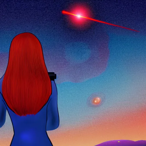 Image similar to red - haired woman in a tight blue dress, holding a laser gun, observing a sky with planets. illustration. digital art epic. like a dream detailed, 8 k.