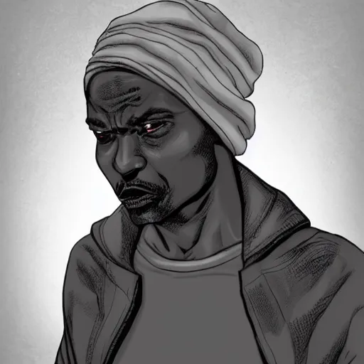 Image similar to a despondent 55 year old black man, comic book style, artgerm, wearing a beanie, highly detailed, concerned