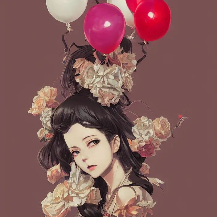 Image similar to anime skull portrait woman, balloons, mucha, hard shadows and strong rim light, art by jc leyendecker and atey ghailan and sachin teng