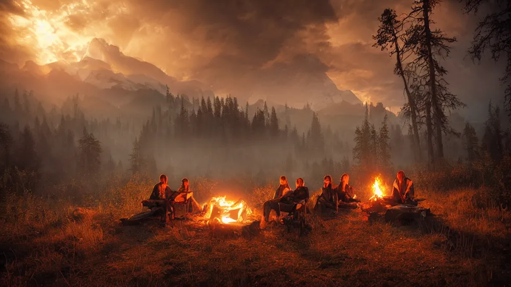 Prompt: stalker and witcher sitting near campfire, by marc adamus, beautiful dramatic lighting