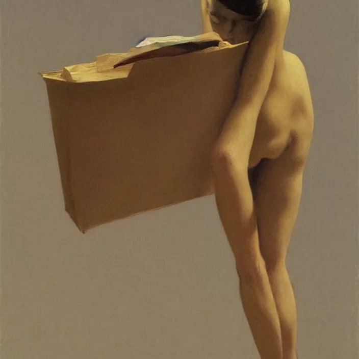 Prompt: woman pushing face through paper bag, artstation, art by, , edward hopper, Zdzislaw Beksinski, highly detailed