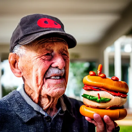 Image similar to portrait of an elderly man wearing a hotdog hat, 🌭, canon eos r 3, f / 1. 4, iso 2 0 0, 1 / 1 6 0 s, 8 k, raw, unedited, symmetrical balance, wide angle