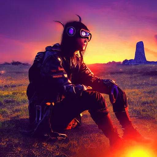 Image similar to young explorer wearing a cyberpunk headpiece, cyberpunk clothes, full body, sitting in a field, monolith ruins in background, sunset, sharp focus, volumetric lighting, highly detailed, by Max Prentis 8k wallpaper