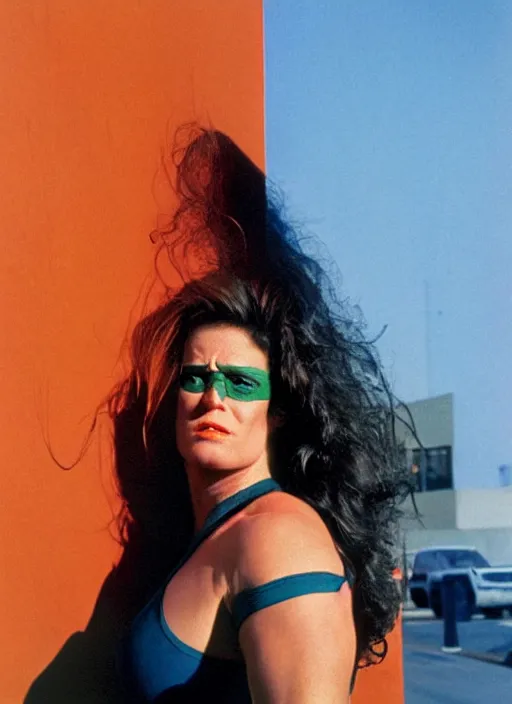 Prompt: a color photo portrait of she hulk in la by annie liebovitz, dramatic lighting, 7 5 mm lens, sharp focus.