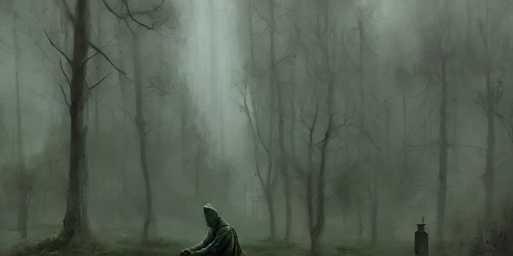 Prompt: guy wearing dark green hoodie, sitting at bus stop, environment, dark tv show style,, movie still, spooky, epic scene, cinematic, art by peter mohrbacher and zdzisław beksinski, 4 k, realistic