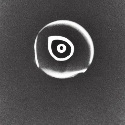 Image similar to an all - seeing eye floating in the sky over a city, high contrast, low key, black and white, lens flare, newspaper, film grain