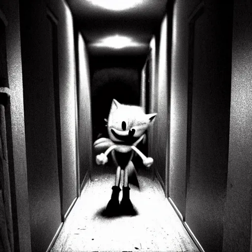 Image similar to sonic the hedgehog, creepy, horror, off - putting, dark, hallway, photo, paranormal
