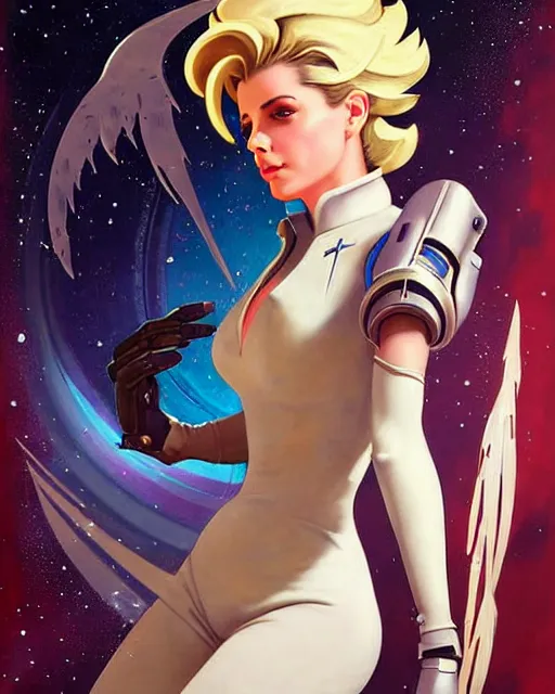 Image similar to mercy from overwatch, ashley greene's face combined with grace kelly's face, in space, character portrait, portrait, close up, concept art, intricate details, highly detailed, vintage sci - fi poster, retro future, vintage sci - fi art, vintage, in the style of chris foss, rodger dean, moebius, michael whelan, and gustave dore