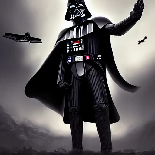 Image similar to darth Vader using the force to pull a plane from the sky to the ground, hyper realism, ornate intricate details, 4K, oil painting, gloomy and foggy atmosphere, fantasy digital art, concept art, deep aesthetic, rich color,