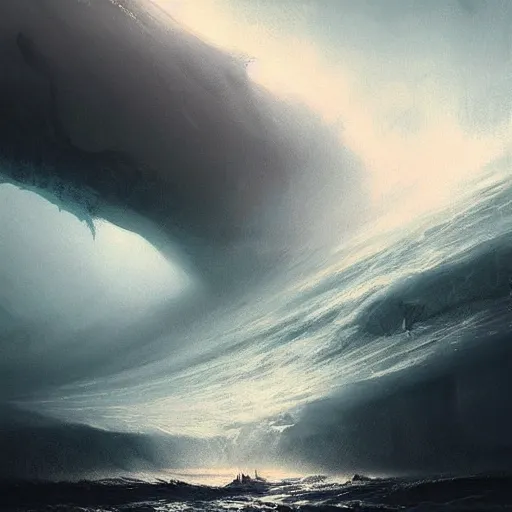 Image similar to concept art by greg rutkowski, a gigantic wave of a hundred thousand meters rising in an endless ocean without surface, dark lighting, uncanny and scary atmosphere, scifi, digital painting, artstation, concept art, smooth, sharp foccus ilustration, artstation hq