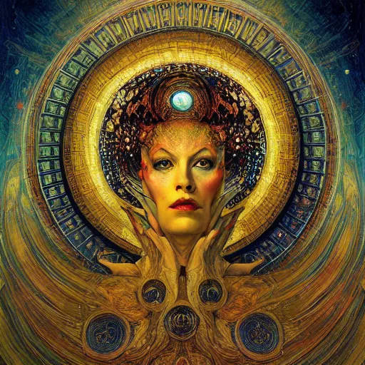 Image similar to Divine Chaos Engine portrait by Karol Bak, Jean Deville, Gustav Klimt, and Vincent Van Gogh, sacred geometry, visionary, mystic, fractal structures, ornate gilded medieval icon, spirals