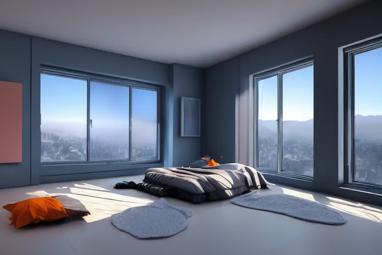 Image similar to a futuristic furnished bedroom with a large window at sunset, godrays, luxury furnish, white bed, complementary colors, warm lighting, path traced, highly detailed, high quality, concept art, 8k, calm, trending on Artstation