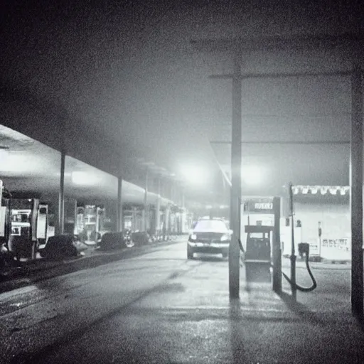 Image similar to insane nightmare, no light, everything is blurred, creepy shadows, petrol station, very poor quality of photography, 2 mpx quality, grainy picture