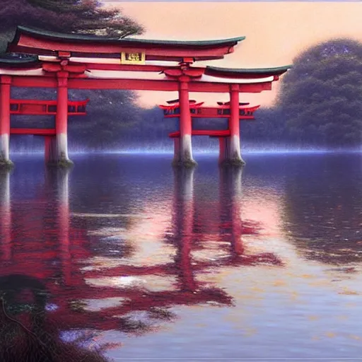 Prompt: torii gate in middle of a lake, portrait art by donato giancola and james gurney, digital art, trending on artstation