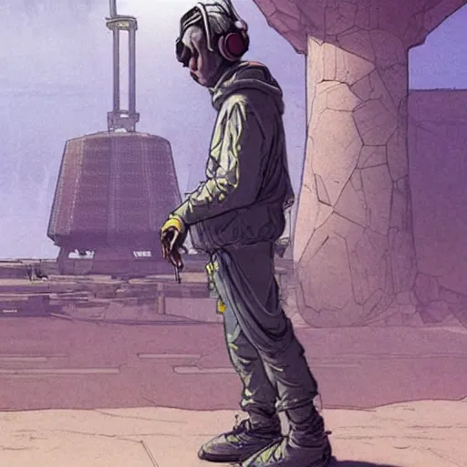 Prompt: Beggar priest with cyberpunk headset in busy spaceport on luna 5 colony. Concept art by James Gurney and Mœbius.