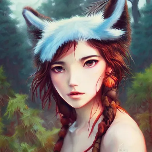 Prompt: a beautiful scenic painting of a beautiful young woman that looks like princess mononoke by artgerm and wlop and wes anderson and spike jonze