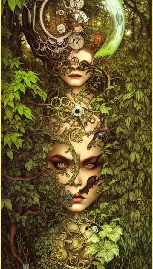 Image similar to M. C. Escher time machine, lush forest painted by tom bagshaw, mobius, mucha M. C. Escher, gold paint, ink, gnarly details