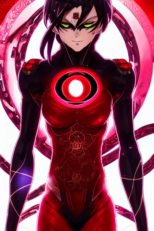 Image similar to anime key visual of a beautiful female red lantern!! intricate, red and black suit, glowing, powers, rage, anger, hate, dc comics, cinematic, stunning, highly detailed, digital painting, artstation, smooth, hard focus, illustration, art by artgerm and greg rutkowski and alphonse mucha