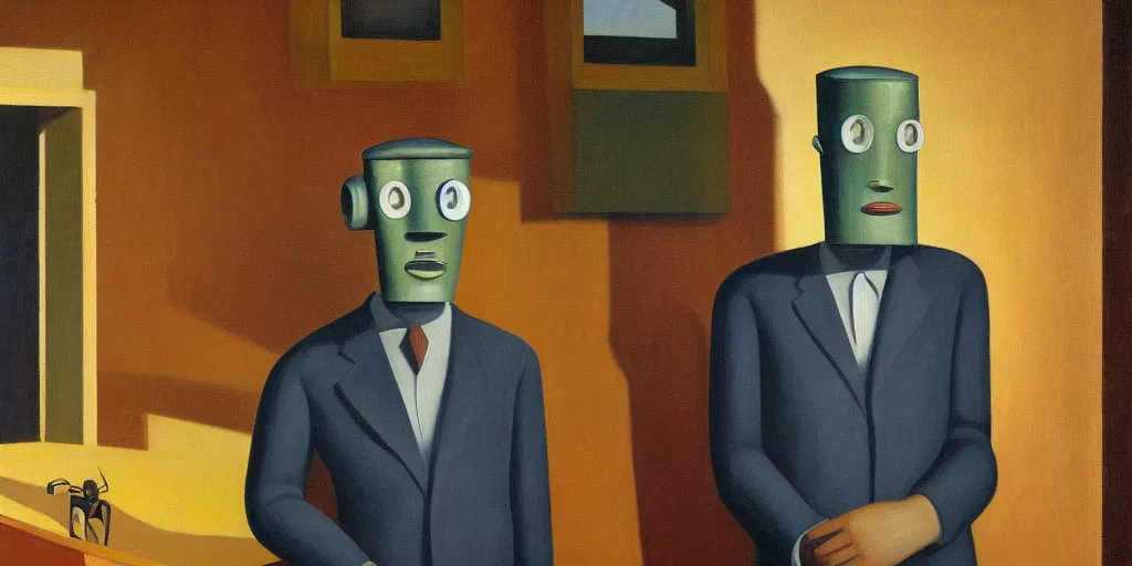 Image similar to salesman robot with shifty eyes portrait, grant wood, pj crook, edward hopper, oil on canvas