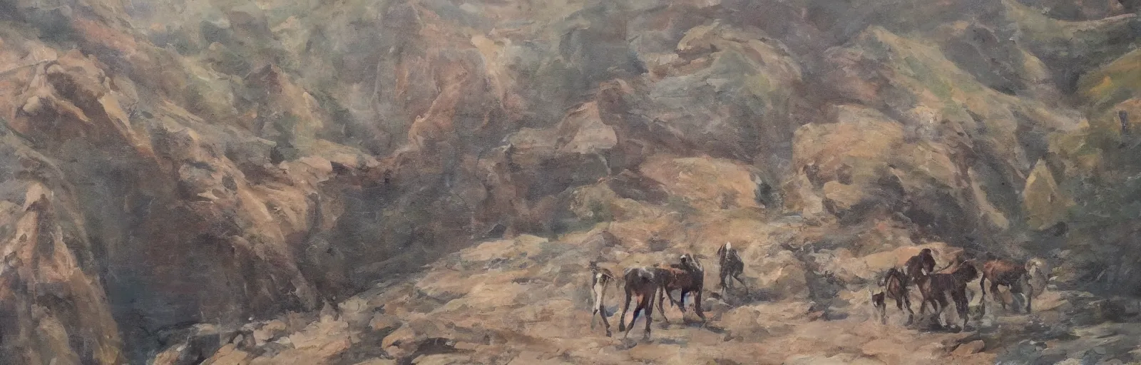 Image similar to lots of horses running through the canyon, they might be crawling, original oil on canvas painting by sydney mount