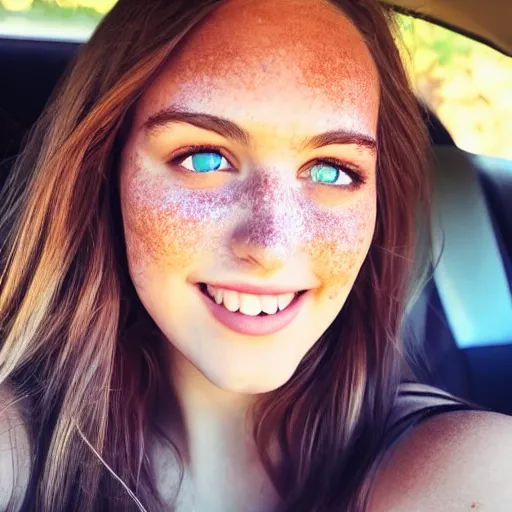 Image similar to beautiful selfie of a cute young woman with vivid emerald green eyes, sitting in her car, long bronze brown hair, flushed face, red blush, light freckles, big puffy lips, smiling softly, soft features, 8 k, sharp focus, instagram, portra 4 0 0