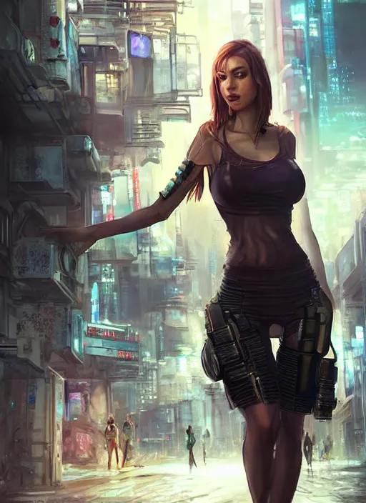 Prompt: a beautiful woman walking through a cyberpunk city, full body, realistic, highly detailed, science fiction portrait by laura sava