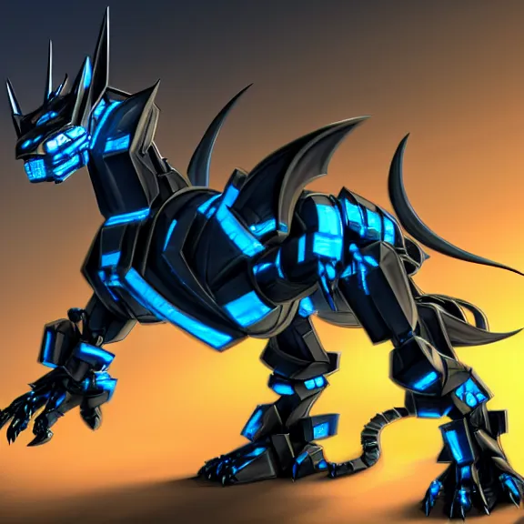 Prompt: cinematic shot, detailed handsome quadrupedal robot mecha dragon, sharp edged black armor, gold accents, sleek blue visor for eyes, two arms, two legs, two massive black wings on his back, walking on all fours in busy city streets, epic shot, highly detailed art, 3D realistic, furry art, dragon art, feral art, macro art, furaffinity, DeviantArt, sofurry