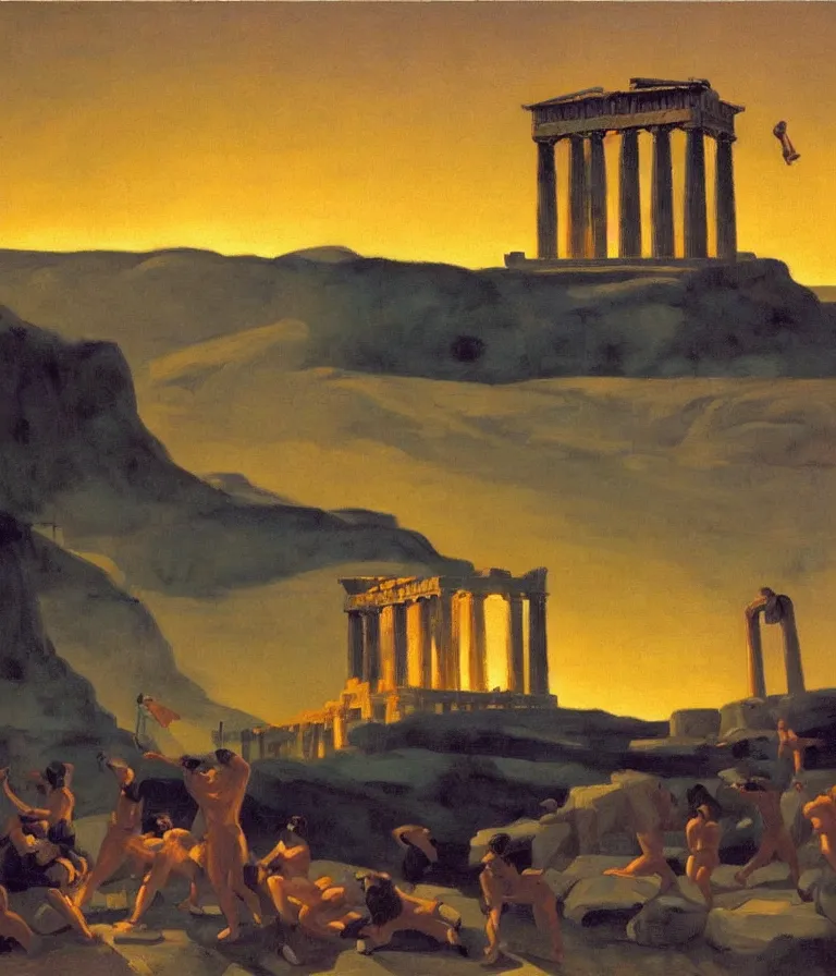 Prompt: Lush Painting of Hercules Punching the Parthenon in 450 BC, oil painting by Edward Hopper sunset lighting