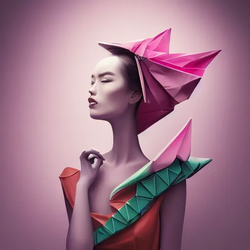 Image similar to 3 / 4 view of a beautiful girl wearing an origami dress, eye - level medium shot, elegant, by eiko ishioka, givenchy, by peter mohrbacher, centered, fresh colors, origami, fashion, detailed illustration, vogue, high depth of field, japanese, reallusion character creator