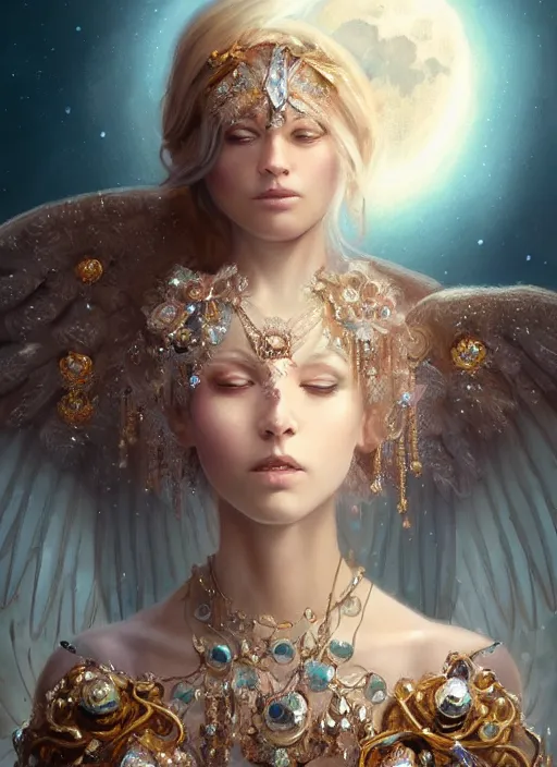 Image similar to A beautiful digital painting of a female Seraphim full of jewels, princess, the moon behind her, intricate, cinematic lighting, highly detailed, digital painting, Artstation, concept art, smooth, sharp focus, illustration, art by Tom Bagshaw, Artgerm and Greg Rutkowski