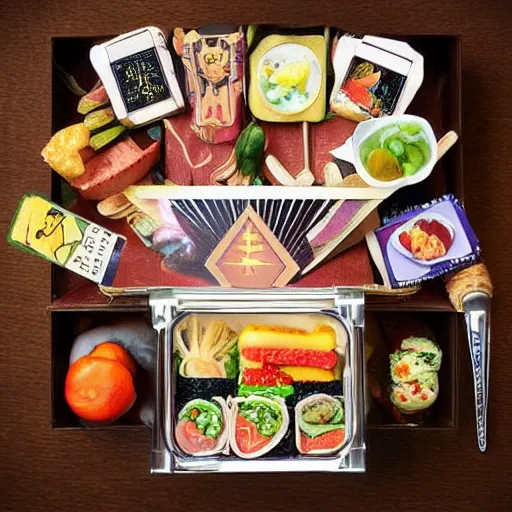 Prompt: bento box organised in the style of a tarot card, beautiful realistic photograph
