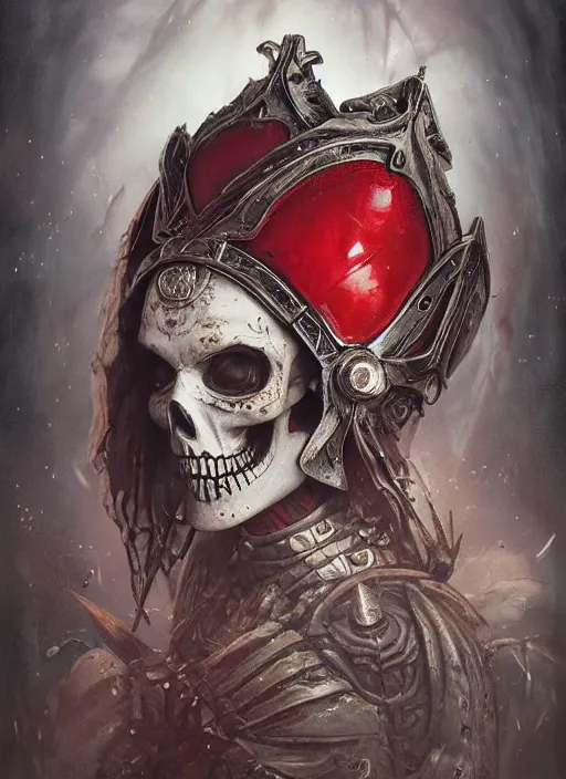 Prompt: Queen of Hearts wearing Viking War Helmet, Death Tarot card,highly detailed,half skull face,cinematic,8k,by Stanley Artgermm,Tom Bagshaw,Greg Rutkowski,Carne Griffiths, Ayami Kojima, Beksinski, Giger,trending on DeviantArt,hyper detailed,horror, full of colour