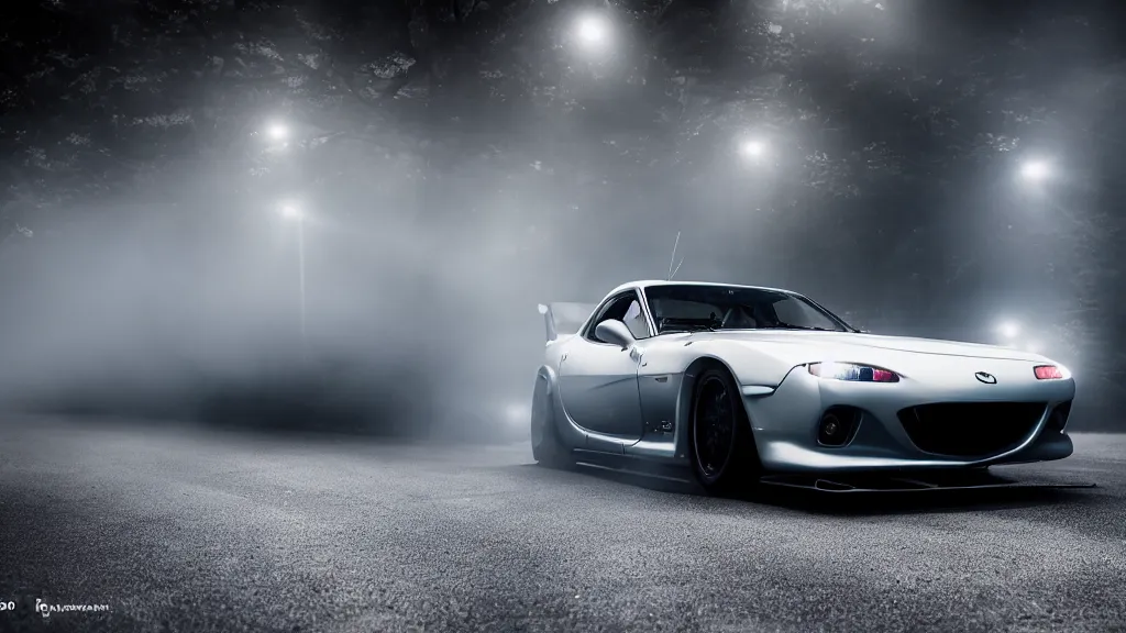 Prompt: mazda rx 7 fc with pop up headlights, cinematic, long exposure, white balance, 8 k, led, lumen global illumination, fog, ray tracing reflections
