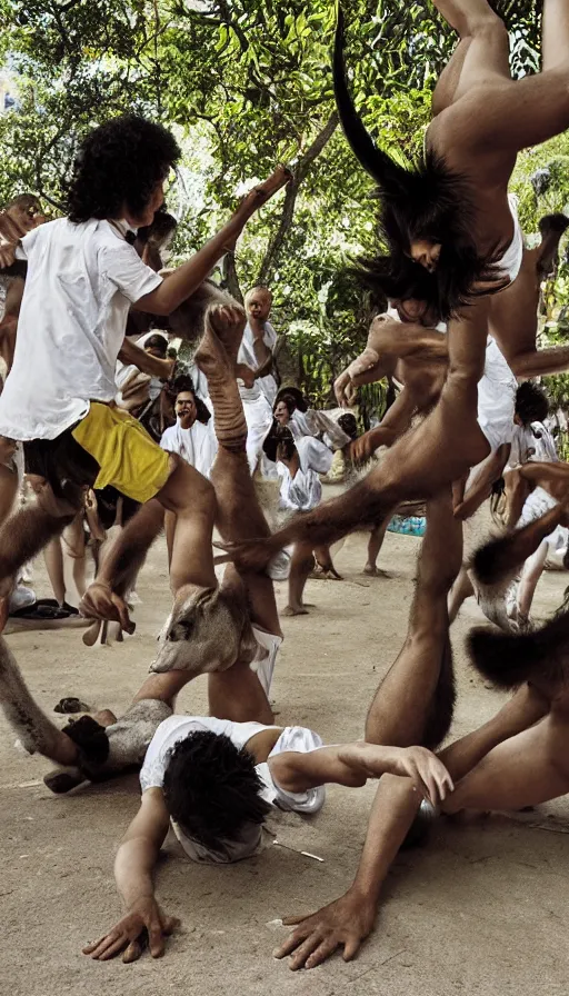 Image similar to wild animals playing capoeira in figueres city, national geographic photograph,