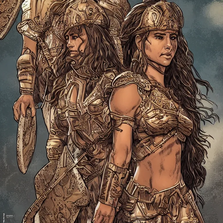 Prompt: jennifer anniston as an amazon warrior, a tall beautiful woman with brown skin and long hair, dressed in hellenistic body armour, intricate, elegant, highly detailed, smooth, sharp focus, detailed face, high contrast, graphic novel, art by laurie greasley