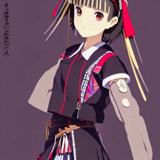 Image similar to a beautiful! boyish! natalie portman model, wearing japanese catholic school girl outfit with mayan pattern and native style, aztec street fashion, guilty gear art direction, perfect anime face, gapmoe yandere grimdark, trending on pixiv fanbox, painted by greg rutkowski makoto shinkai takashi takeuchi studio ghibli, akihiko yoshida