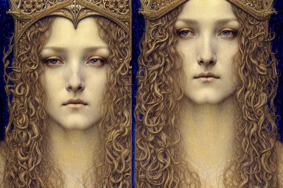 Image similar to detailed realistic beautiful young medieval queen face portrait by jean delville, gustave dore and marco mazzoni, art nouveau, symbolist, visionary, gothic, pre - raphaelite. horizontal symmetry