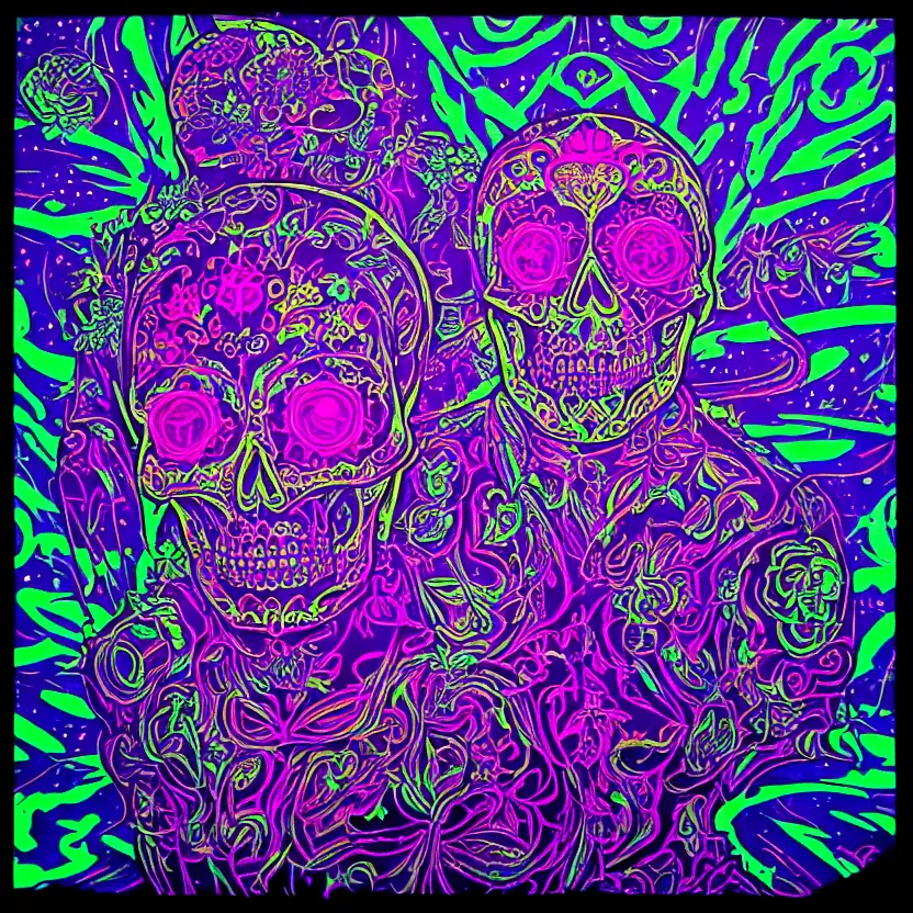 Prompt: Portrait of a beautiful sugarskull Dan Mumford and Josan Gonzalez and Laurie Greasley and Tim Doyle, blacklight, blacklight paint, ultraviolet