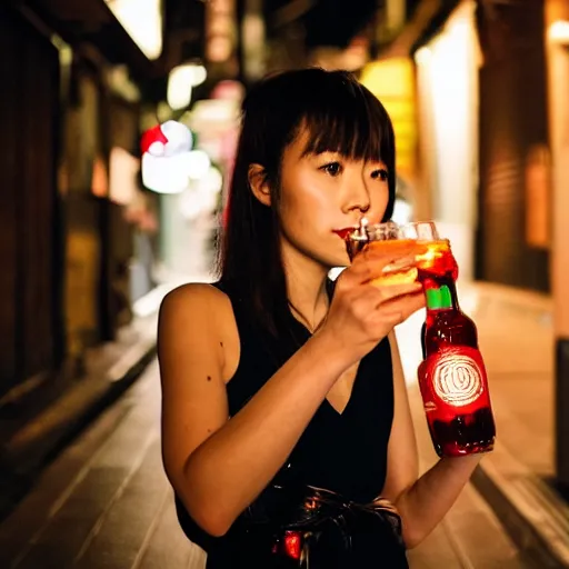 Image similar to portrait of a young japanese woman drinking a campari spritz in a tokyo alley at night, raining, photography