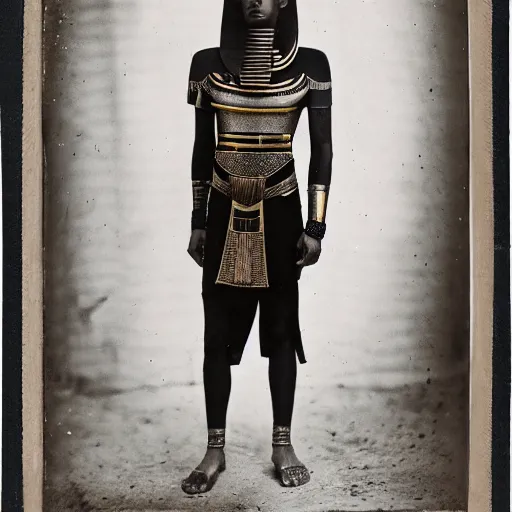 Image similar to A pharaoh from Ancient Egypt wearing an outfit designed by Raf Simons, daguerreotype