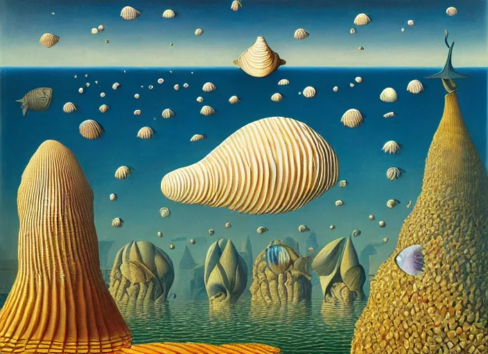 Image similar to a city with fish citizens inside the seashell, by jacek yerka by magritte, surrealistic painting, masterpiece, oil painting, sharp focus, highly detailed, intricate, smooth, 8 k,