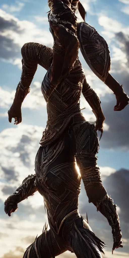 Image similar to jumping tribeswoman, destroyed armor, inspired by monster hunter and westerns, muscular body, clean beautiful symmetrical face, subtle make up, epic,dramatic lighting, cinematic, establishing shot, extremely high detail, photorealistic, black panther the movie, dune the movie, cinematic lighting, artstation, octane render, western,old photo, vintage