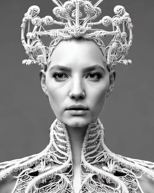 Prompt: bw 3 d render of a beautiful female queen - cyborg - vegetal, dressed in long elegant intricate ornamental white dress, intricate fractal ornament in the bust with a very long neck, elegant, highly detailed intricate baroque ornament in her blond long hair, realistic, refined, highly detailed, cinematic outdoor lighting, fine art photography by flora borsi, volumetric lighting, hyper realistic photography