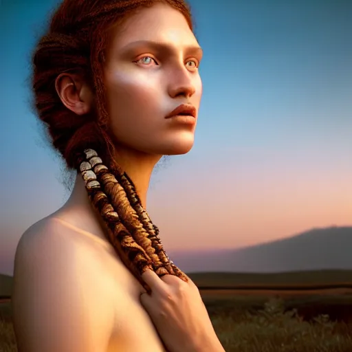 Image similar to photographic portrait of a stunningly beautiful renaissance tribal female in soft dreamy light at sunset, contemporary fashion shoot, by edward robert hughes, annie leibovitz and steve mccurry, david lazar, jimmy nelsson, breathtaking, 8 k resolution, extremely detailed, beautiful, establishing shot, artistic, hyperrealistic, beautiful face, octane render