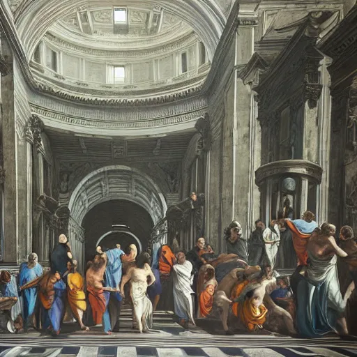 Prompt: the school of athens in cyberpunk style, iconic paiting, concept art, art, hyper detailed, intricate, 8 k, illustration