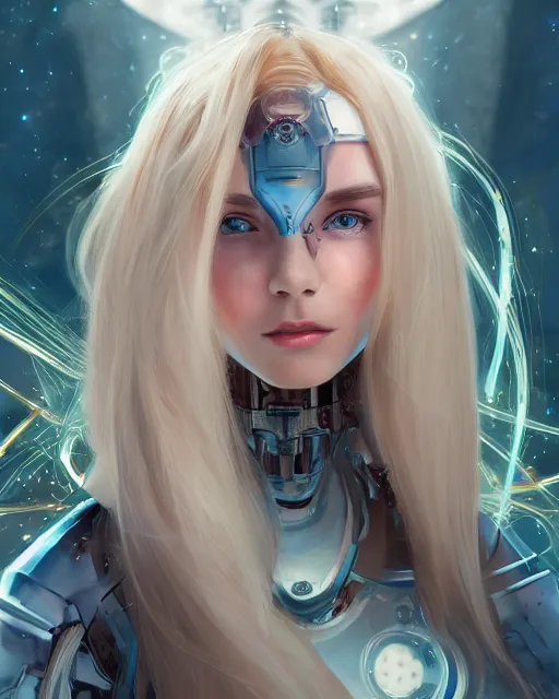 Prompt: holy cyborg girl with golden armor, elegant, scifi, futuristic, utopia, garden, colorful, long white hair, unique, vibrant, dreamy, lee ji - eun, illustration, atmosphere, top lighting, blue eyes, focused, artstation, highly detailed, art by yuhong ding and chengwei pan and serafleur and ina wong
