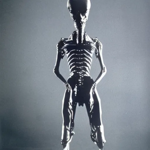 Image similar to alien with telescopic limbs dressed like david bowie